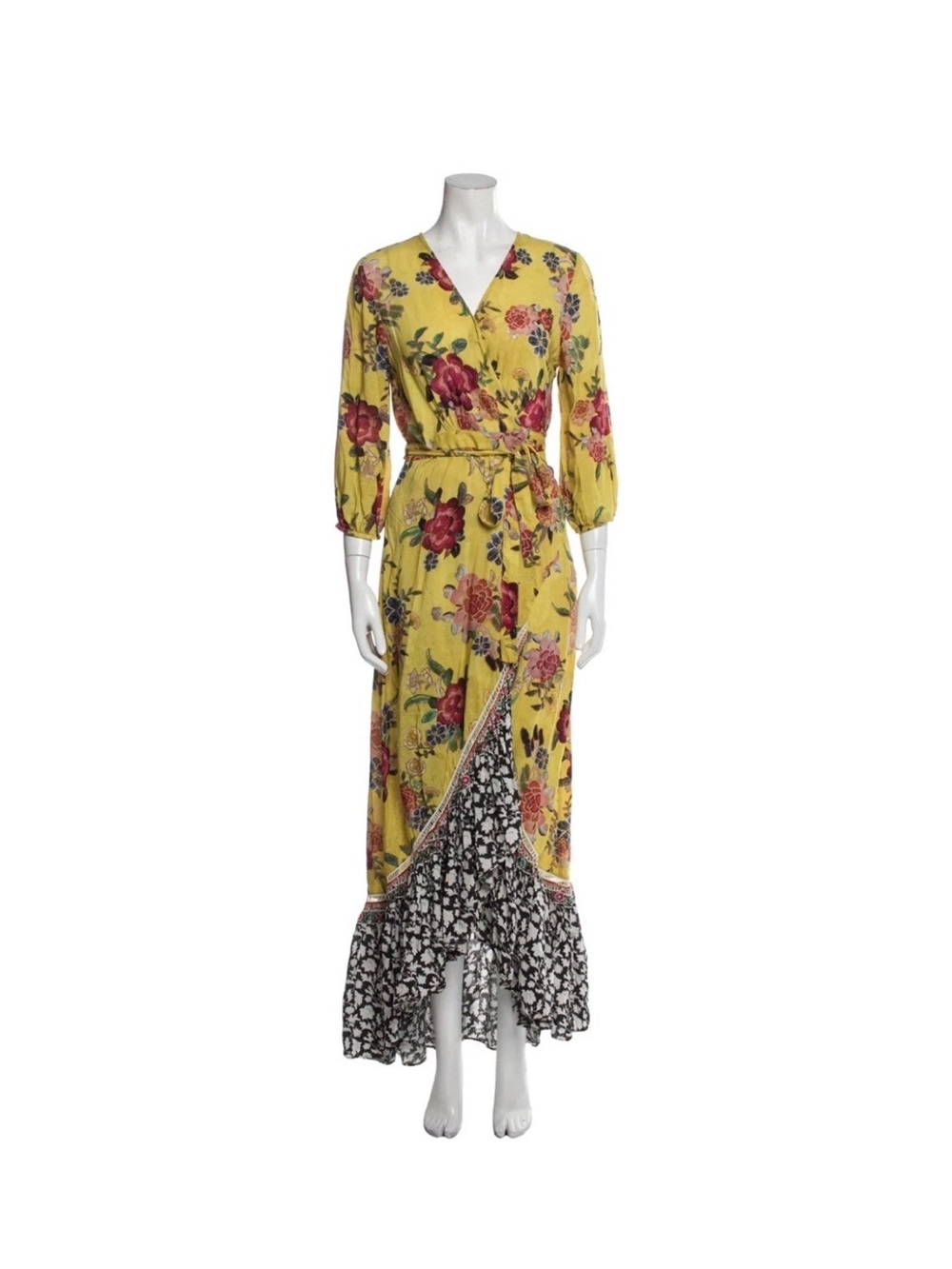 Farm Rio | Maxi Dress Yellow Black Floral Wrap Anthropology - Size M